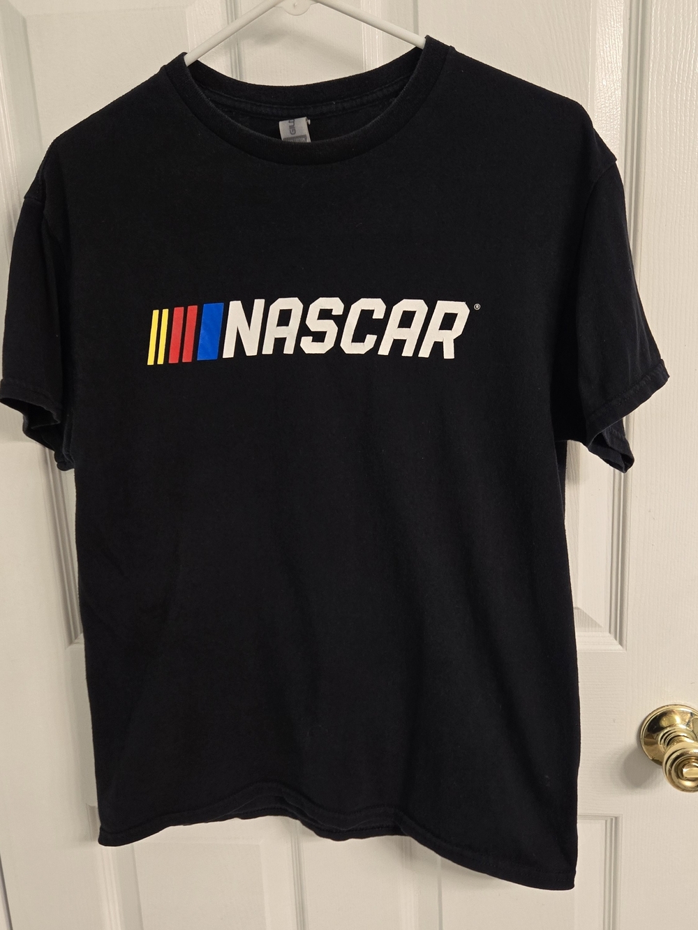 Gildan Black NASCAR Logo Tee with Red Yellow Blue Accents